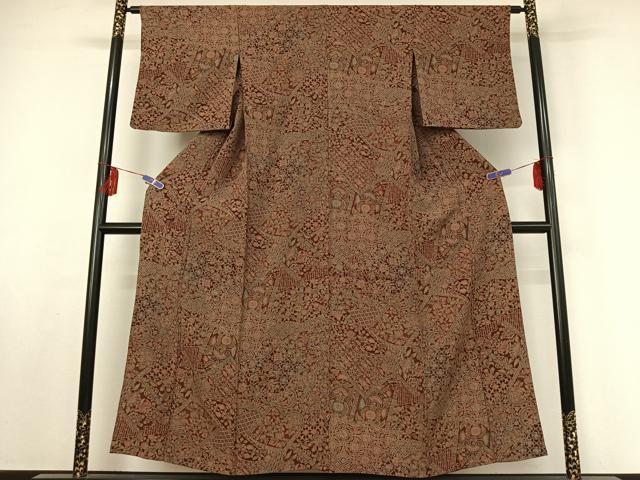 平和屋着物▽上質な小紋　単衣　更紗花文　正絹　逸品　AABF0965jh