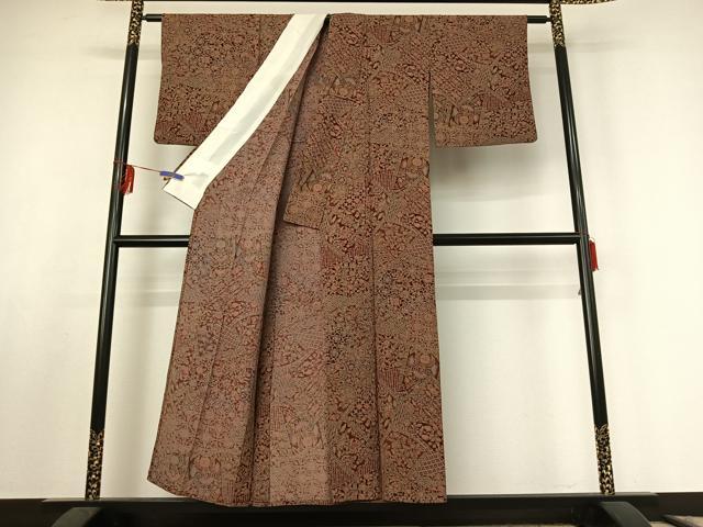 平和屋着物▽上質な小紋　単衣　更紗花文　正絹　逸品　AABF0965jh