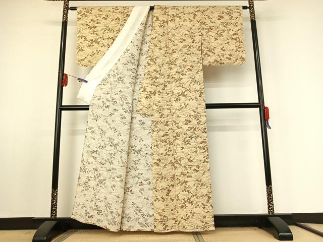 平和屋着物▽人間国宝・南部芳松の息子 伝統工芸伝承者彫刻・南部幸雄 型染 小紋 単衣 流水花文 鬼しぼ縮緬 正絹 逸品 AABF0967jh