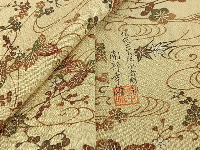 平和屋着物▽人間国宝・南部芳松の息子 伝統工芸伝承者彫刻・南部幸雄 型染 小紋 単衣 流水花文 鬼しぼ縮緬 正絹 逸品 AABF0967jh