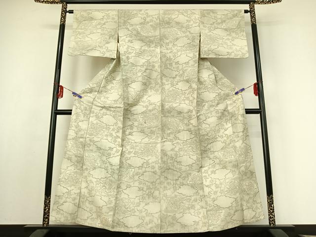 平和屋着物▽上質な紬　単衣　扇面花文　正絹　逸品　AABF0970jh