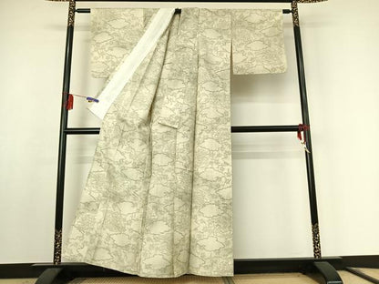 平和屋着物▽上質な紬　単衣　扇面花文　正絹　逸品　AABF0970jh