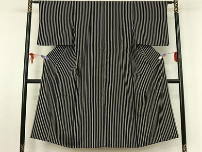 平和屋着物▽お召 単衣 縞 銀通し地 正絹 逸品 AABF0974jh