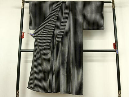 平和屋着物▽お召 単衣 縞 銀通し地 正絹 逸品 AABF0974jh