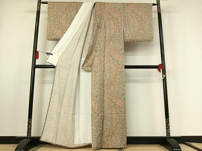 平和屋着物▽上質な小紋　単衣　切嵌更紗花文　正絹　逸品　AABF0975jh