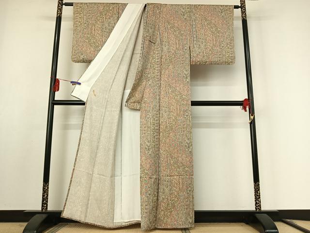 平和屋着物▽上質な小紋　単衣　切嵌更紗花文　正絹　逸品　AABF0975jh