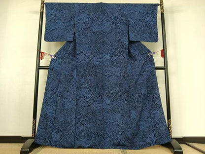 平和屋着物▽上質な小紋 単衣 藍 型染め 風景花文 正絹 逸品 AABF0976jh