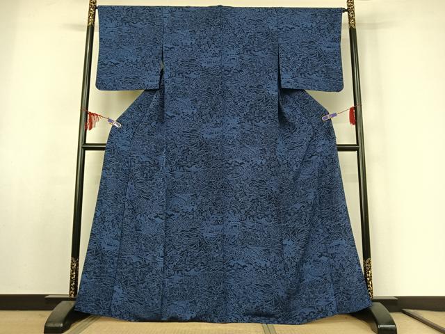 平和屋着物▽上質な小紋 単衣 藍 型染め 風景花文 正絹 逸品 AABF0976jh