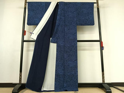 平和屋着物▽上質な小紋 単衣 藍 型染め 風景花文 正絹 逸品 AABF0976jh