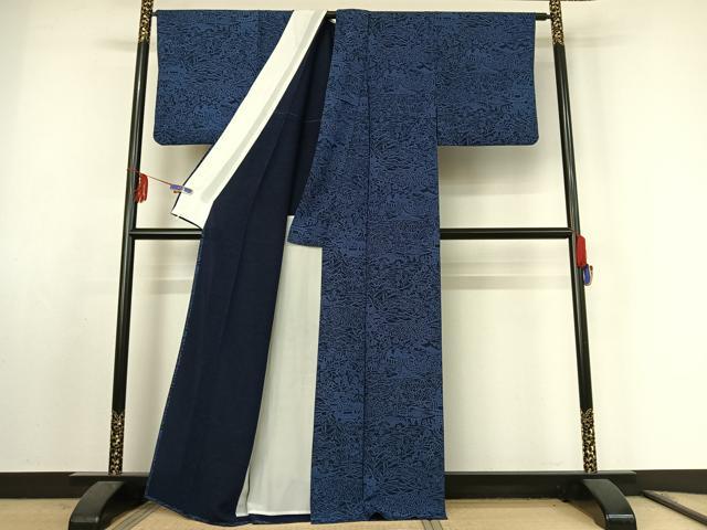 平和屋着物▽上質な小紋 単衣 藍 型染め 風景花文 正絹 逸品 AABF0976jh