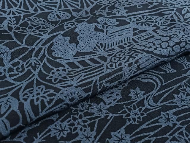 平和屋着物▽上質な小紋 単衣 藍 型染め 風景花文 正絹 逸品 AABF0976jh