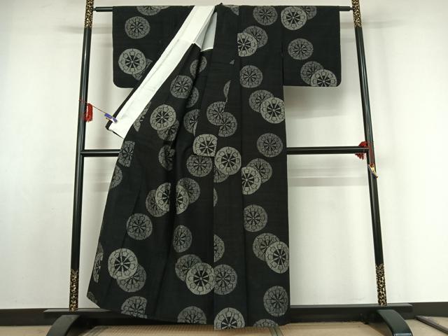 平和屋着物▽上質な紬 単衣 源氏車文 黒地 正絹 逸品 AABF0981jh