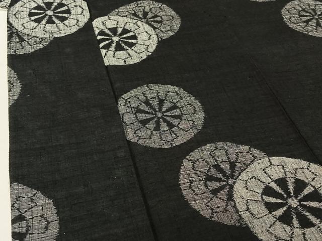 平和屋着物▽上質な紬 単衣 源氏車文 黒地 正絹 逸品 AABF0981jh