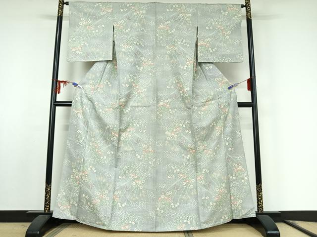 平和屋着物▽上質な紬 単衣 草花文 正絹 逸品 AABF0986jh