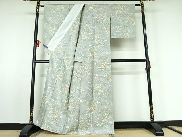 平和屋着物▽上質な紬 単衣 草花文 正絹 逸品 AABF0986jh