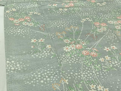平和屋着物▽上質な紬 単衣 草花文 正絹 逸品 AABF0986jh