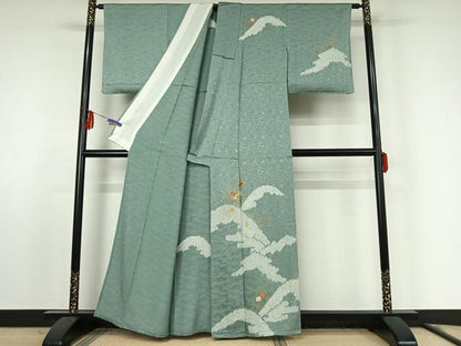 平和屋着物▽訪問着　単衣　駒刺繍　絞り　草花文　金彩　正絹　逸品　AABF0987jh