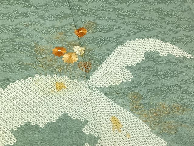 平和屋着物▽訪問着　単衣　駒刺繍　絞り　草花文　金彩　正絹　逸品　AABF0987jh