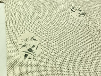 平和屋着物▽本塩沢 単衣 手描き 亀甲花文 正絹 逸品 AABF0988jh
