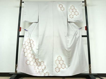 平和屋着物▽洗える最高級着物　＜英＞はなぶさ謹製　訪問着　単衣　亀甲花文　暈し染め　金彩　洗える着物　AABF0990jh