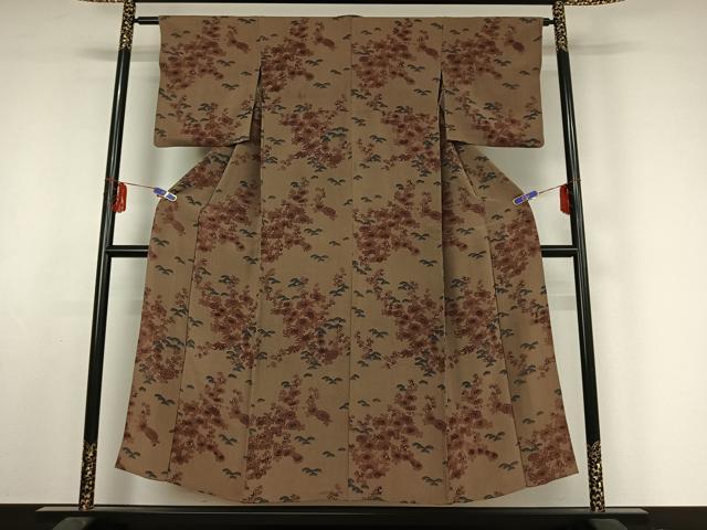 平和屋着物▽上質な小紋 単衣 型染め 草花文 鬼しぼ縮緬 正絹 逸品 AABF0997jh