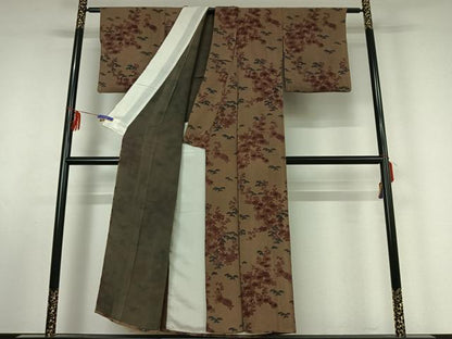 平和屋着物▽上質な小紋 単衣 型染め 草花文 鬼しぼ縮緬 正絹 逸品 AABF0997jh