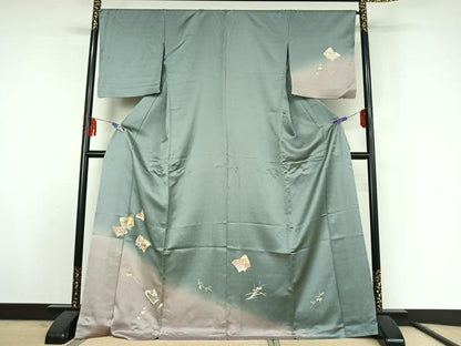 平和屋着物▽訪問着 単衣 駒刺繍 草花冊子文 暈し染め 金彩 正絹 逸品 AABF0998jh