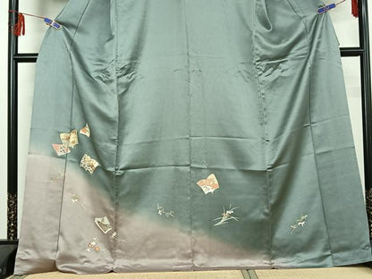 平和屋着物▽訪問着 単衣 駒刺繍 草花冊子文 暈し染め 金彩 正絹 逸品 AABF0998jh