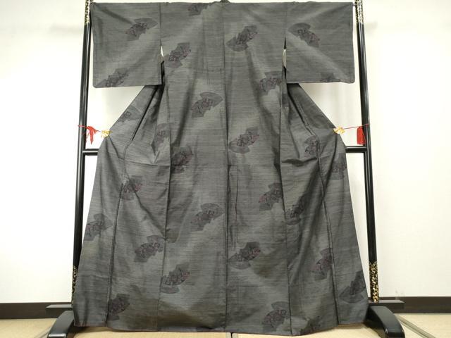 平和屋着物●本場大島紬　地紙花文　黒地　やまと誂製　正絹　逸品　AABF1016cs 平和屋着物○本場大島紬 地紙花文 黒地 やまと誂製 正絹 逸品