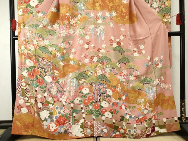 平和屋着物●豪華振袖　友禅　駒刺繍　御所車吉祥花文　金彩　正絹　逸品　AABF1030cs