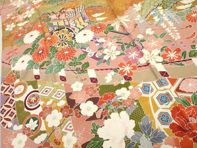 平和屋着物●豪華振袖　友禅　駒刺繍　御所車吉祥花文　金彩　正絹　逸品　AABF1030cs