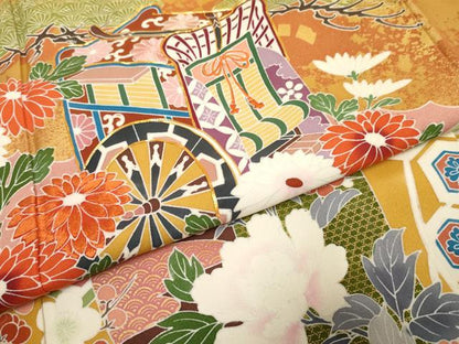 平和屋着物●豪華振袖　友禅　駒刺繍　御所車吉祥花文　金彩　正絹　逸品　AABF1030cs