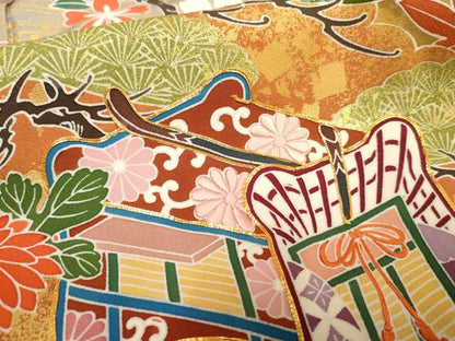 平和屋着物●豪華振袖　友禅　駒刺繍　御所車吉祥花文　金彩　正絹　逸品　AABF1030cs