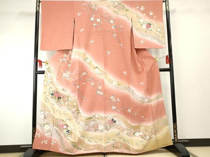 平和屋着物●訪問着　友禅　草花文　暈し染め　金彩　正絹　逸品　未使用　AABF1031cs