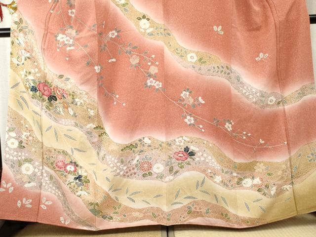 平和屋着物●訪問着　友禅　草花文　暈し染め　金彩　正絹　逸品　未使用　AABF1031cs