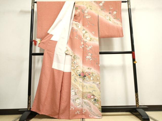 平和屋着物●訪問着　友禅　草花文　暈し染め　金彩　正絹　逸品　未使用　AABF1031cs