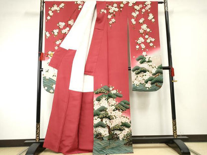 平和屋着物●ファッションデザイナー 花井幸子　振袖　駒刺繍　立波花松文　暈し染め　金糸　金彩　正絹　逸品　AABF1043cs