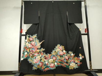 平和屋着物●本加賀友禅作家　鶴見保次　黒留袖　花鳥文　正絹　逸品　AABF1048cs