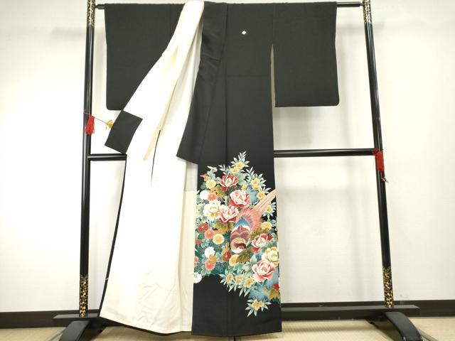 本加賀友禅 鶴見保次 黒留袖 鳥 比翼仕立て 正絹 躾糸付き HKT225 平和屋着物○本加賀友禅作家 鶴見保次 黒留袖 花鳥文 正絹