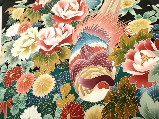 平和屋着物●本加賀友禅作家　鶴見保次　黒留袖　花鳥文　正絹　逸品　AABF1048cs
