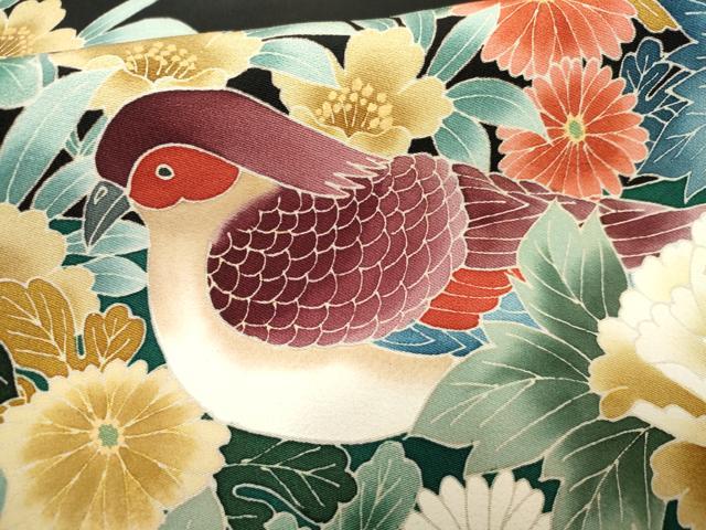 平和屋着物●本加賀友禅作家　鶴見保次　黒留袖　花鳥文　正絹　逸品　AABF1048cs