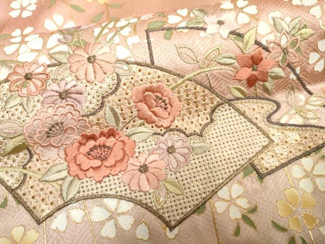 平和屋着物●訪問着　中国三大刺繍　スワトウ刺繍　汕頭刺繍　地紙花文　暈し染め　金糸　金彩　正絹　逸品　未使用　AABF1049cs