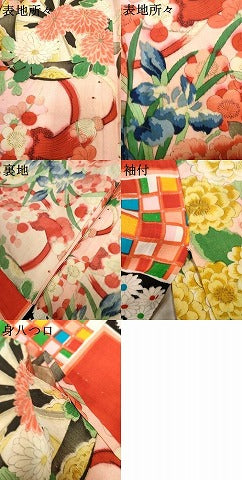 平和屋着物●アンティーク　大正ロマン　長襦袢　単衣　手描き　花車文　銀彩　正絹　逸品　AABF1050cs