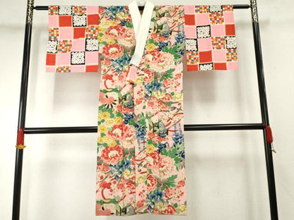 平和屋着物●アンティーク　大正ロマン　長襦袢　単衣　手描き　花車文　銀彩　正絹　逸品　AABF1050cs