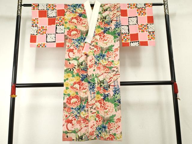 平和屋着物●アンティーク　大正ロマン　長襦袢　単衣　手描き　花車文　銀彩　正絹　逸品　AABF1050cs