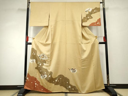平和屋着物●訪問着　駒刺繍　地紙枝花文　金銀彩　正絹　逸品　AABF1052cs