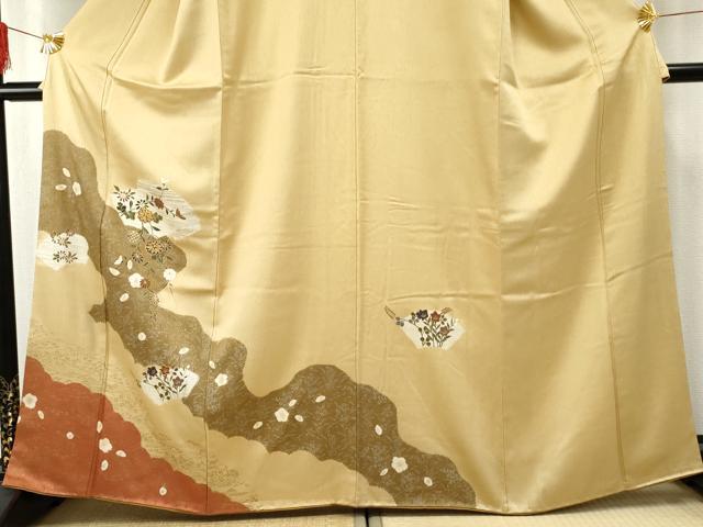 平和屋着物●訪問着　駒刺繍　地紙枝花文　金銀彩　正絹　逸品　AABF1052cs