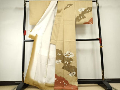 平和屋着物●訪問着　駒刺繍　地紙枝花文　金銀彩　正絹　逸品　AABF1052cs