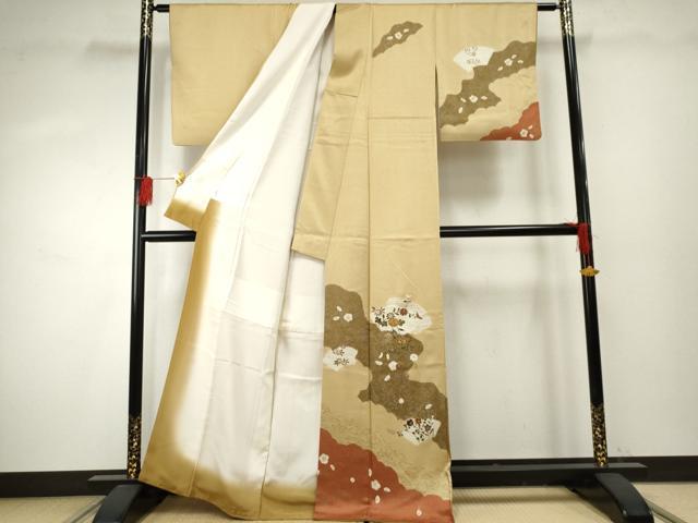 平和屋着物●訪問着　駒刺繍　地紙枝花文　金銀彩　正絹　逸品　AABF1052cs