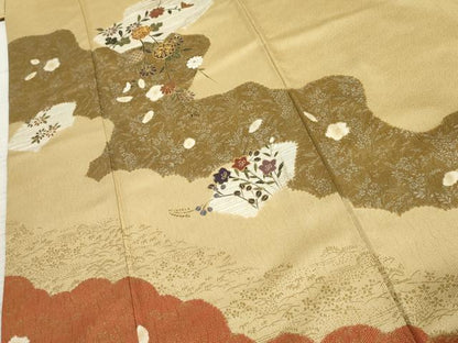 平和屋着物●訪問着　駒刺繍　地紙枝花文　金銀彩　正絹　逸品　AABF1052cs